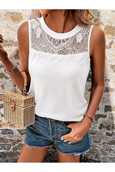 Veraura Lifestyle Women's Sleeveless Crew Neck Lace Detailed Viscose Blouse