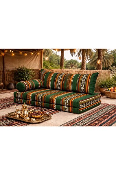 Xboat Arabic Floor Sofa Set, Green with Orange and Black Stripes, Traditional...