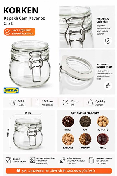 IKEA AKDENİZ 3 LÜ CAM KAVANOZ SETİ hava aldırmaz sızdırmaz cam kapaklı 0,5 lt