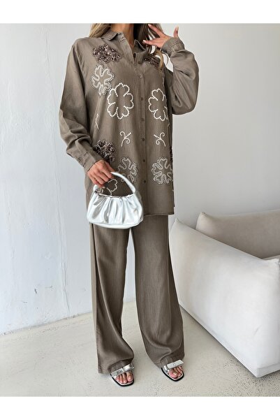 MİA NOURA Women's Denim Fabric Embroidered Front Oversize Shirt and Pants Set