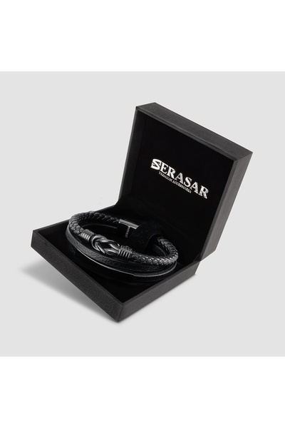 NO BRAND Serasar, Brățară din piele pentru bărbați [Proud] - Negru, 17cm