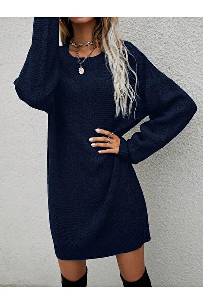NO BRAND Rochie mini dreaptă bleumarin cu mâneci lungi și guler rotund Shein ...