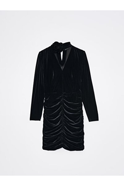 NO BRAND Rochie mini din catifea neagră, cu guler încrețit, mânecă lungă, bro...