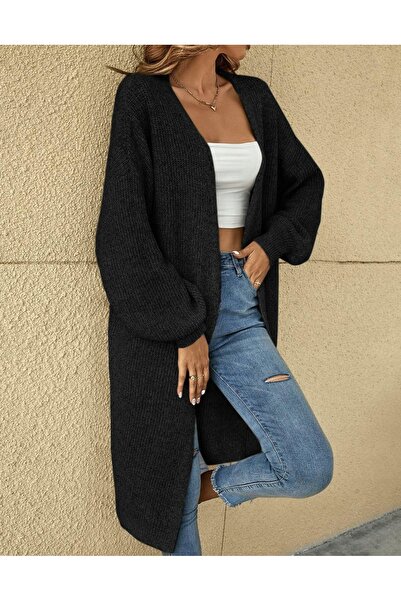 NO BRAND Cardigan lung clasic negru, cu mânecă lungă, tricotat, Emery Rose S