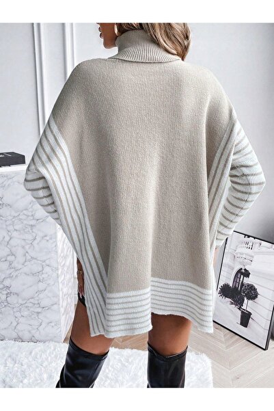 NO BRAND Rochie mini bej oversize cu dungi, guler înalt, mâneci, șlițuri, cro...
