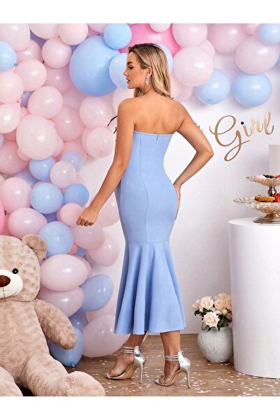 NO BRAND Rochie de maternitate albastră tip creion, cu umerii goi, Joyfunear 46