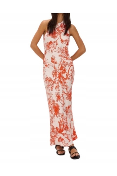 NO BRAND Rochie maxi asimetrică din satin crem-portocaliu, mărimea XL.