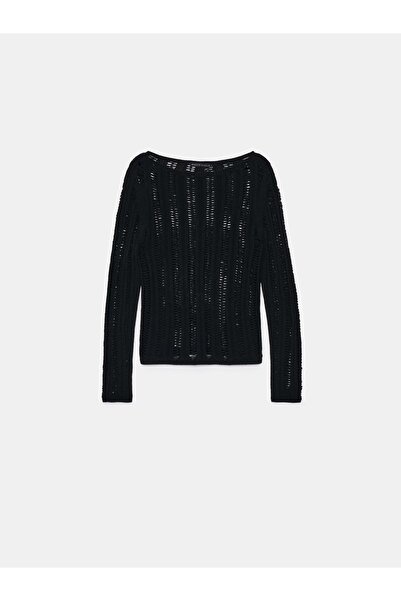 NO BRAND Pulover clasic negru, cu mâneci lungi, decorat cu împletitură, guler...
