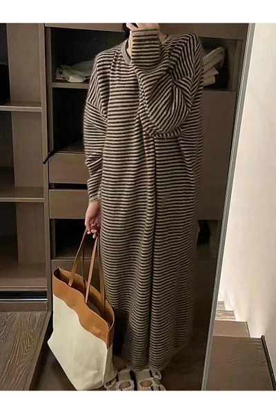 NO BRAND Rochie tricotată Midaxi Classic cu dungi maro, mâneci lungi, Alicedu...