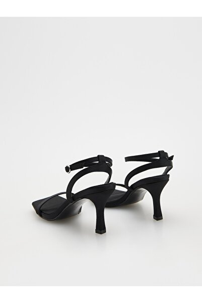 NO BRAND Sandale negre din satin cu toc, închidere cu cataramă, mărimea 41