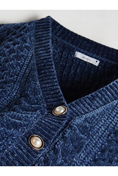 NO BRAND Cardigan tricotat bleumarin cu fermoar, decorat cu pete, mărimea S