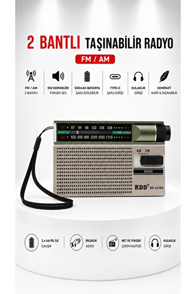 ULTRATEKNO RD-331RG Şarjlı Cep Radyosu FM/AM 2 Bant Taşınabilir Radyo Type-C Şarjlı 2xAA Pil Destekli Kulaklık Girişli Deprem Acil Durum Radyosu