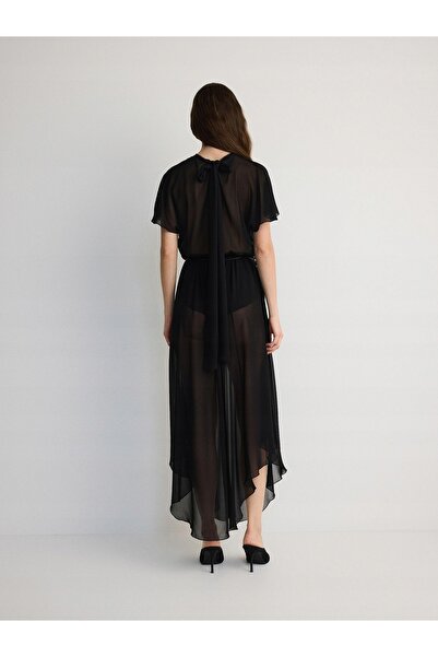 NO BRAND Rochie din șifon negru, asimetrică, midi, cu mânecă scurtă, mărimea S.