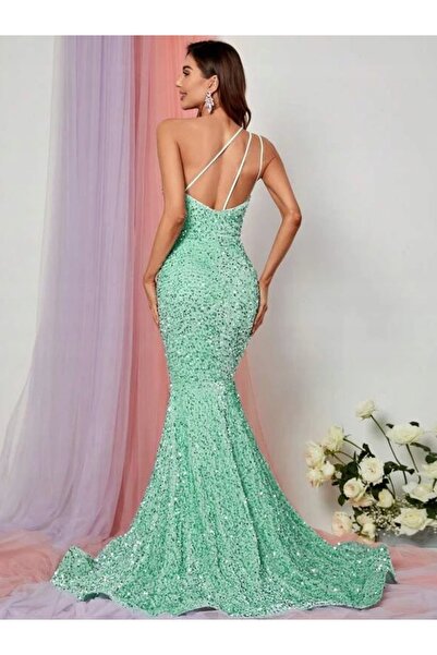 NO BRAND Faeriesty Miri Mint Rochie de seară maxi asimetrică cu paiete