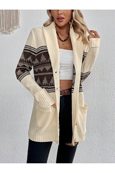 NO BRAND Pulover Cardigan Bej Cu Fermoar Nasturi Buzunare Romwe S