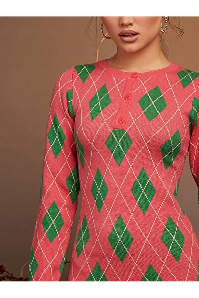 NO BRAND Rochie tricotată roz-verde mini cu model geometric Shein 40/42