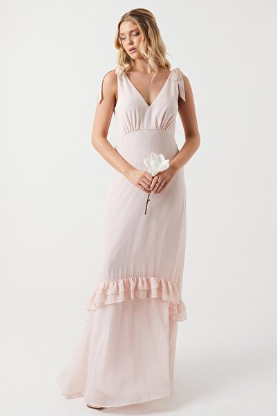 NO BRAND Rochie maxi roz deschis cu volane, bretele cu șnur, decolteu în V, O...