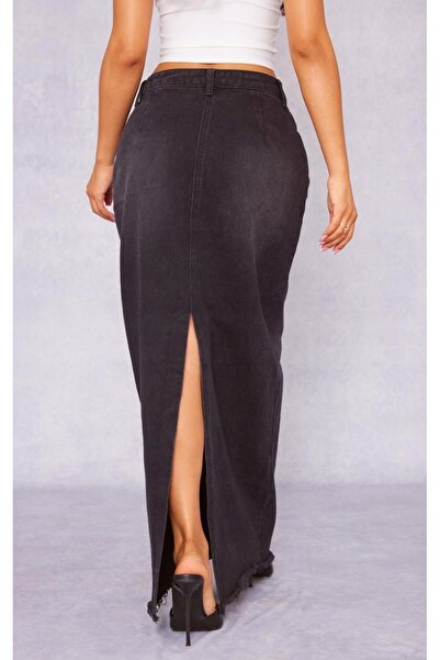 NO BRAND Prettylittlething Fustă Maxi Neagră din Denim cu Talie Înaltă și Șli...