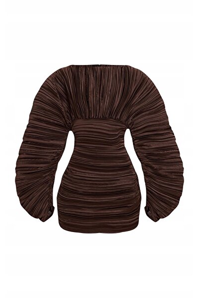 NO BRAND Rochie mini plisată cu mânecă lungă, ciocolatiu, Prettylittlething 32