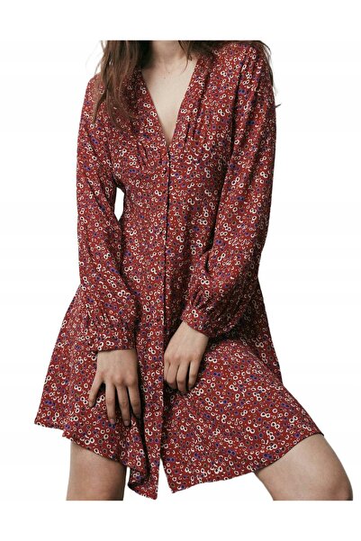 NO BRAND Rochie roșie clasică cu model, cu mânecă lungă, rezistentă la vânt, ...