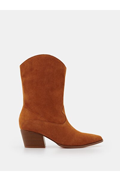 NO BRAND Cizme maro până la gleznă cu toc, stil cowboy clasic, din piele înto...