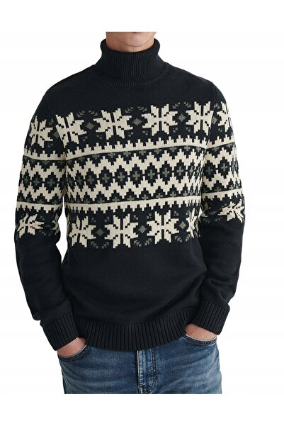 NO BRAND Pulover bleumarin cu guler înalt cu model, mâneci lungi, Classic Res...