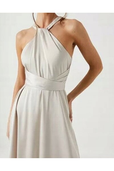 NO BRAND Rochie maxi evazată din satin bej, cu umerii goi, Coast 46