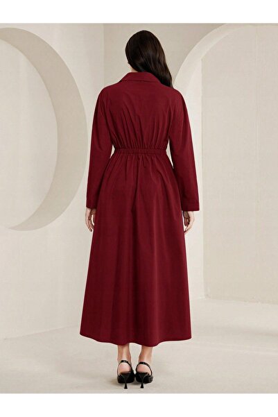 NO BRAND Rochie Burgundy Midaxi cu guler tip cămașă, mânecă lungă, Shein 40/42