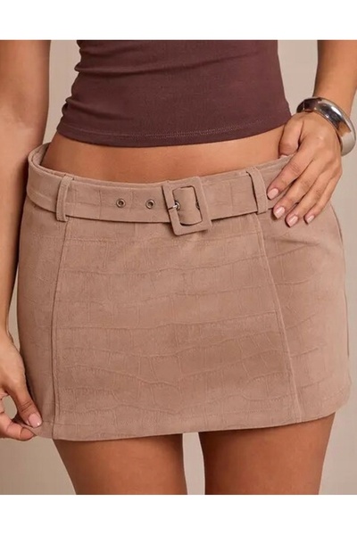 NO BRAND Prettylittlething Fustă mini texturată bej cu curea 34