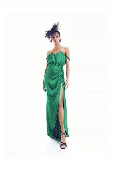 NO BRAND Rochie furou maxi din satin verde, cu corset și șliț, 36