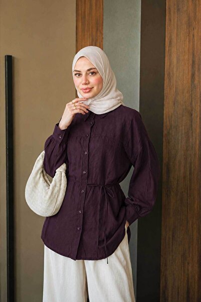 LOCCO Women's Front Hem Detail Waist Tie Shirt, Plum Color