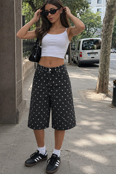 GRİİ WEAR بنطلون كابري نسائي عالي الخصر من قماش الدنيم بنقاط البولكا دوت واسع...