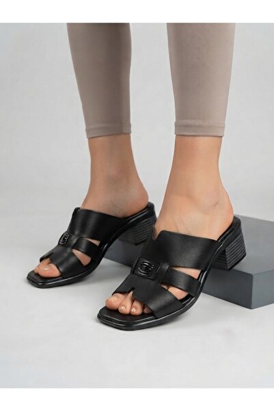 Rüya Shoes شبشب نسائي مريح من الجلد الطبيعي بكعب بإبزيم - 6 سم