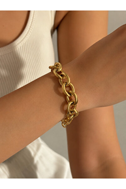 DİESMOONCO Steel Thick Twisted Chain Women's Bracelet - Gold Heavy Model