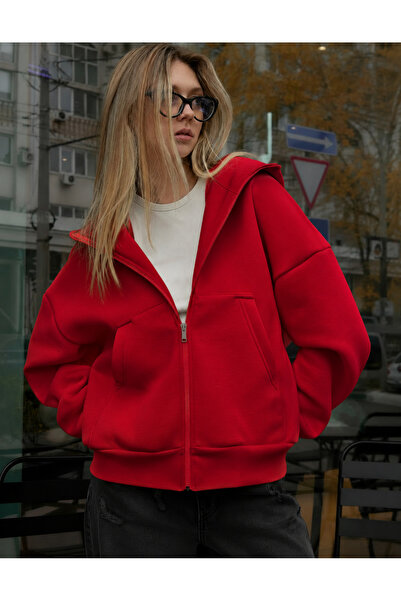 YAKAMEL KADIN OVERSİZE KAPÜŞONLU FERMUARLI HIRKA SWEATSHIRT