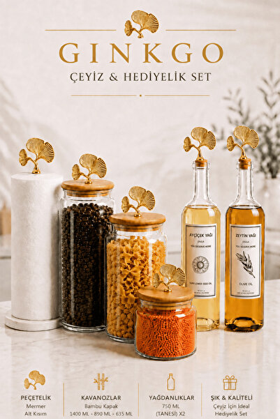 Jenisa 6 Parça Altın Ginkgo Figürlü Set – 2’li Yağdanlık, 3’lü Cam Kavanoz ve...