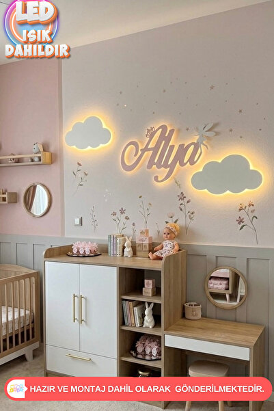 UmayBabyDekor 3 ‘lü Set 2’Bulut 1 kişiye Özel İsim Çocuk Duvar Dekorasyonu Le...