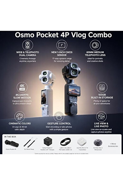 DJI Osmo Pocket 4P Vlog Combo Handheld 3-Axis Gimbal Camera with Dual CMOS Sensors, 4K UHD 240fps Video, 37MP Photos, 103GB Built-in Storage, Wi-Fi 6 & Bluetooth 5.4, Black | Osmo Pocket 4P