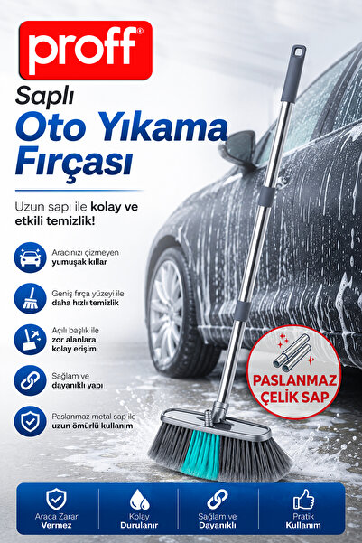 Proff Paslanmaz Çelik Saplı Oto Yıkama Fırçası Çizmeyen Yumuşak Kıllı Uzun Sa...