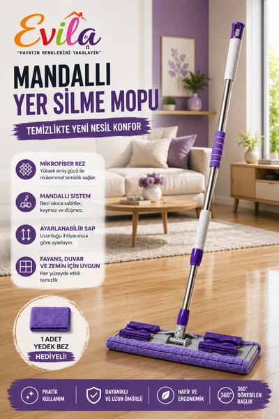 Evila Mandallı Yer Silme Mopu 360° Döner Başlıklı Mikrofiber Mop Ayarlanabili...