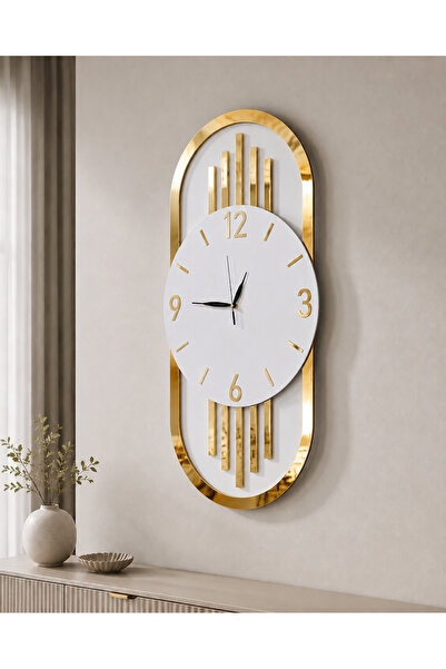 AA Shop 70cm Modern Oval Aynalı Pleksi Duvar Saati Sessiz Mekanizmalı Gold-Gr...