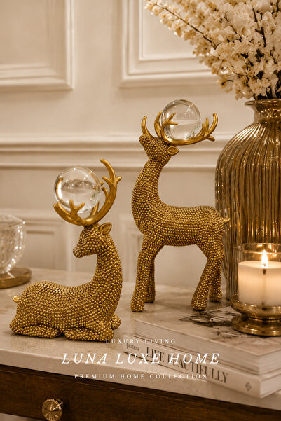 Élan Royale Collection | Kristal Cam Küreli İkili Geyik Obje Premium Biblo Seti (Gold/Siyah)