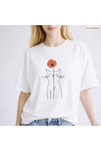 Oceanwear Flower Cat Printed Short Sleeve White Women's Tshirt