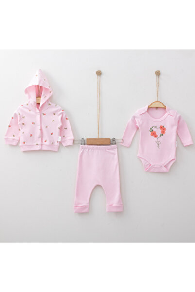 BabyWings طقم هودي بناتي مطبوع عليه زهور مكون من 3 قطع 100% قطن
