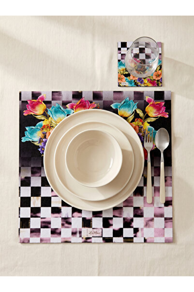 LAMUA HOME Dama Kareli Çiçek Desenli 4 Lü Bardak Altlığı Set 15 x 15 cm -Lazer Kesim