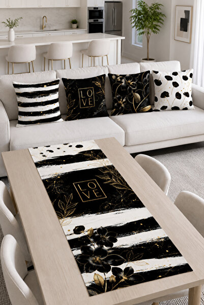 Bebişim Halı Black and White Gold Floral Runner and Set of 4 Throw Pillow Cov...
