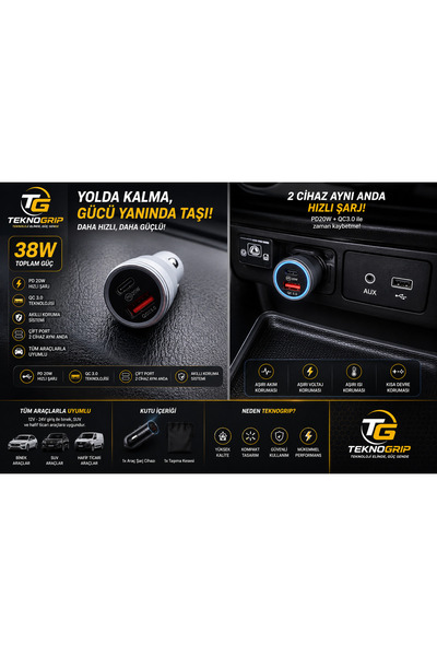 TEKNO TeknoGrip 38W PD 20W + QC 3.0 Çift Port Hızlı Araç Şarj Cihazı Type-C U...