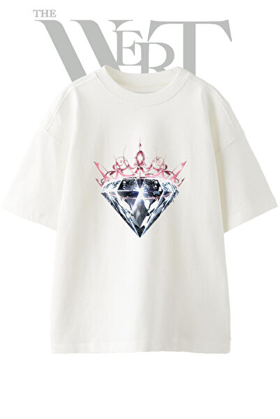 THEWERT تي شيرت أبيض كبير الحجم مطبوع بتصميم Diamond Crown للجنسين