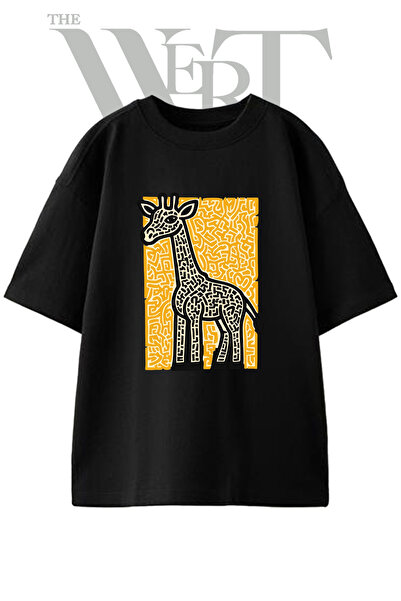 THEWERT Tricou oversize negru unisex cu imprimeu grafic cu girafă