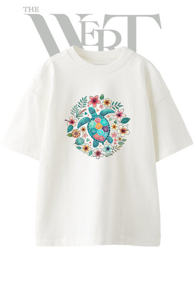 THEWERT Kaplumbaga Cicek Design Printed Unisex White Oversize T-Shirt